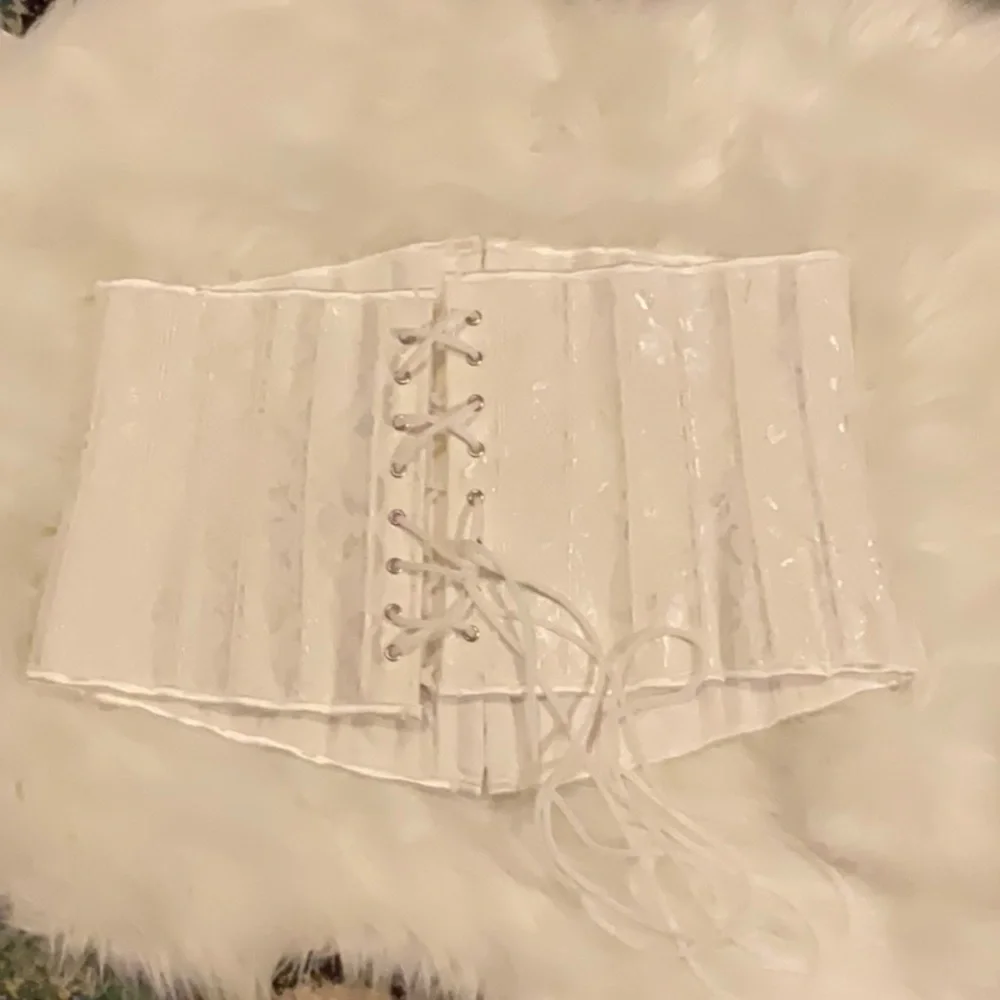 Pure White Brocade Waist Cinching Lace Up Corset - Picture 3 of 5